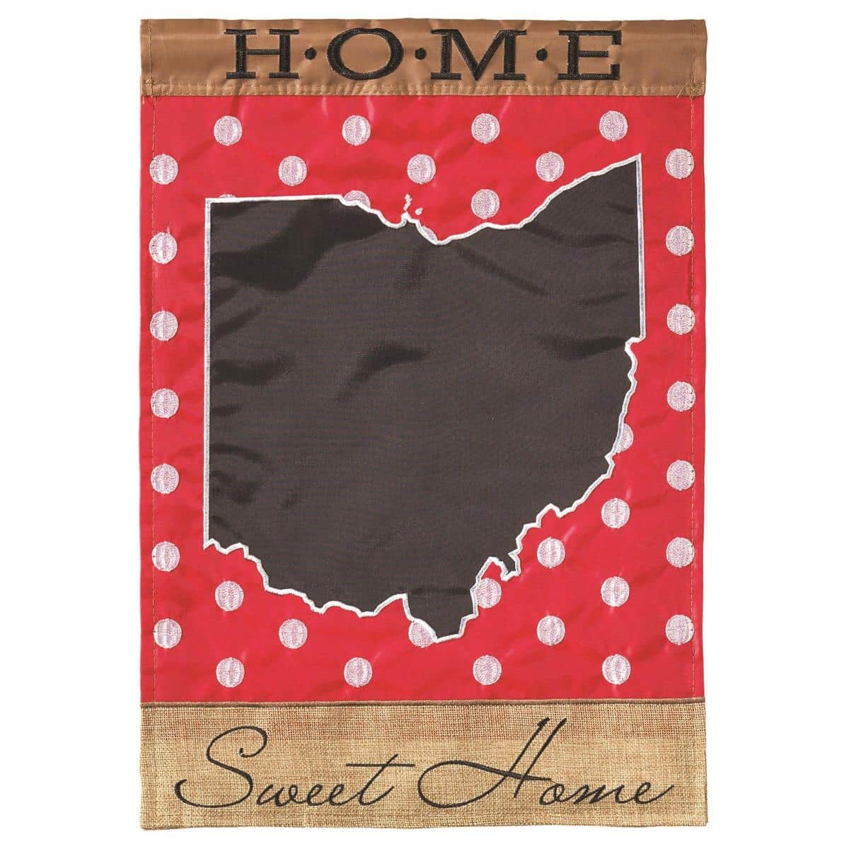 Ohio Home Sweet Home burlap garden flag, 13 x 18 inches, double applique Ohio silhouette with heart, rustic texture, hanging on a metal garden stand