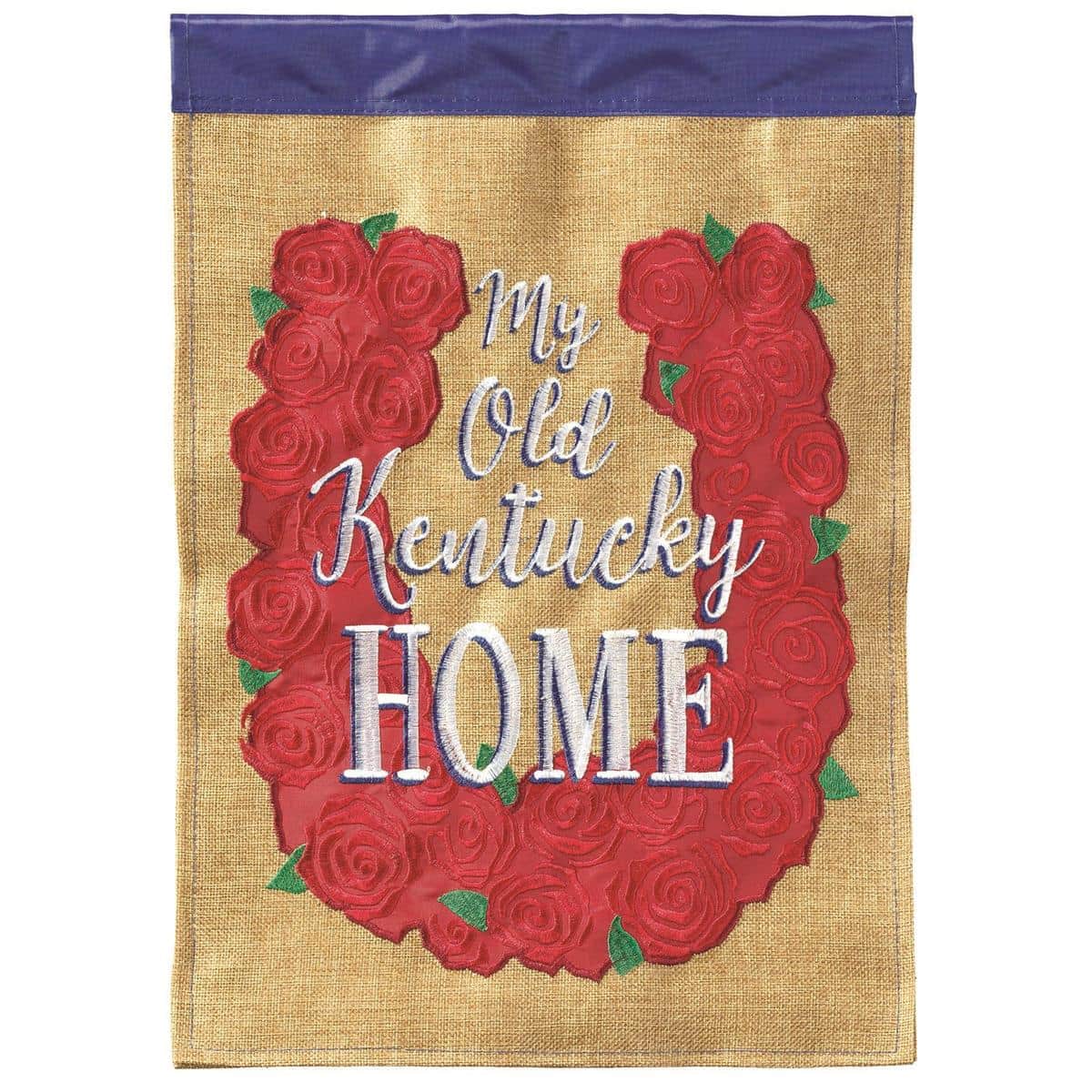 Front view of Old Kentucky Home Horseshoe 29x42 double applique banner flag hanging on a porch railing showing horseshoe motif, layered applique texture, reinforced hem, and vivid team-inspired colors.