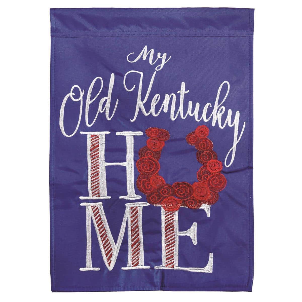 Old Ky Home 13x18 garden flag with double applique Reg Sports motif on durable polyester, shown mounted on a standard yard stand for porch and lawn display.