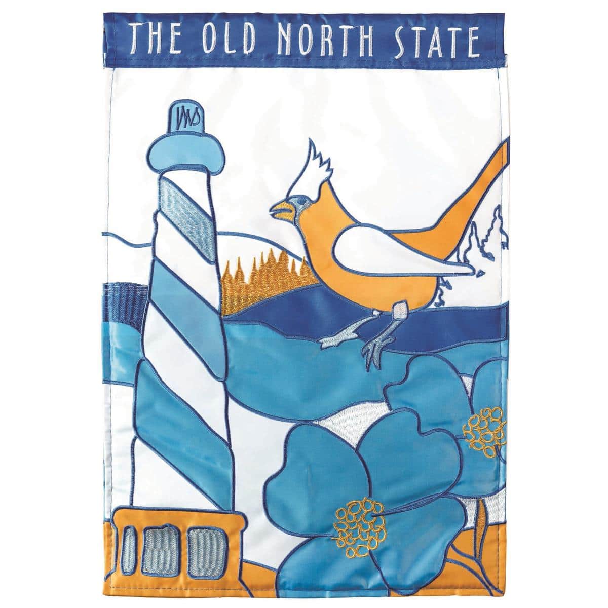 Old North State garden flag 13x18 double applique N. Carolina design displayed on a small metal garden flag stand in a front yard with lawn and planter background.