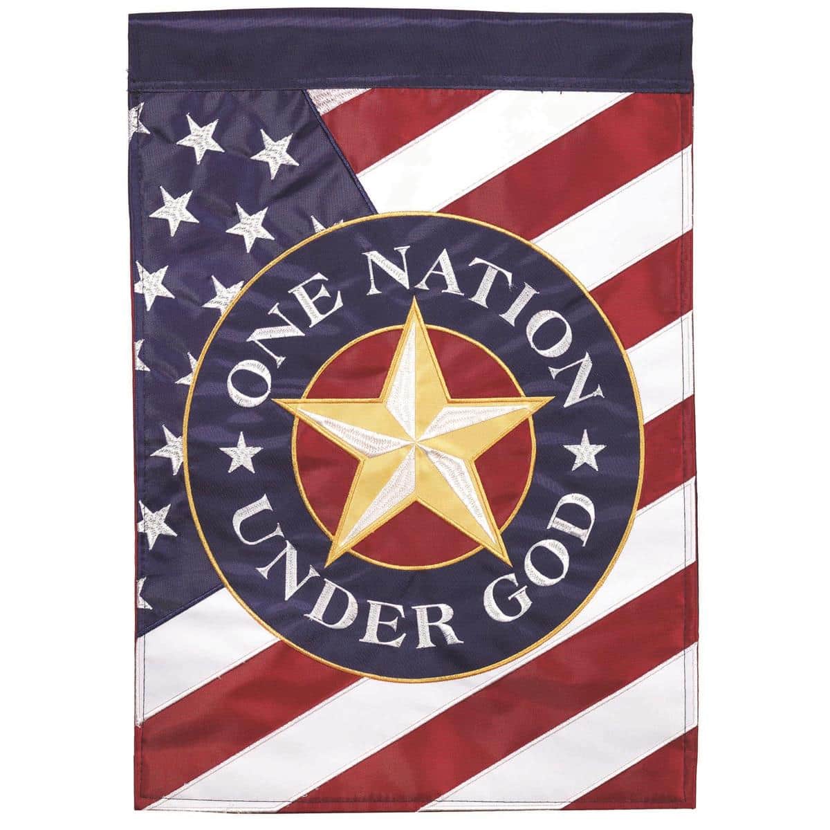 Close-up of One Nation Under God 13x18 double applique garden flag showing bright stars and stripes, appliqued lettering, reinforced sleeve, and durable stitching for garden pole display.