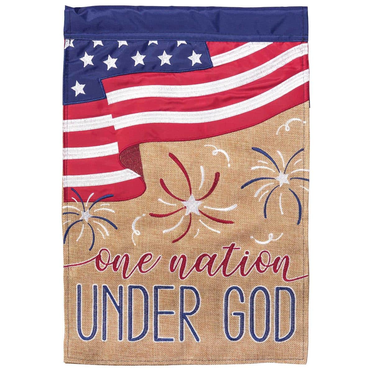13x18 One Nation Under God double applique garden flag showing bold layered applique lettering, stars and stripes motif, and reinforced sleeve for garden pole display