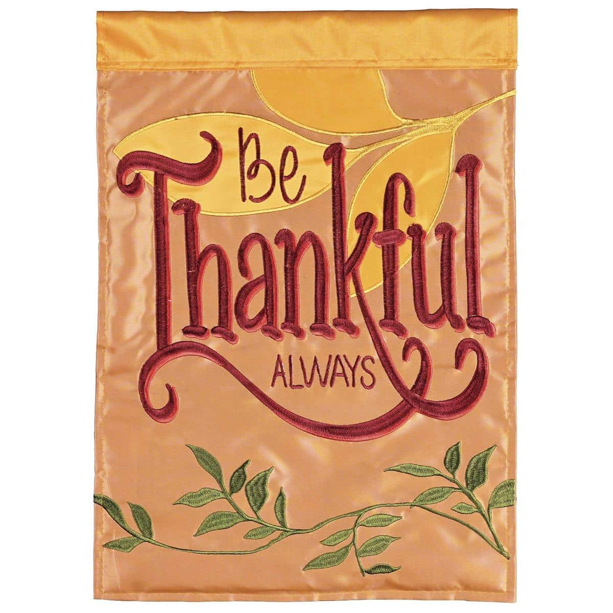 Orange Be Thankful Always fall flag with layered double applique lettering in rich harvest orange, displayed on a porch garden pole for seasonal outdoor decor