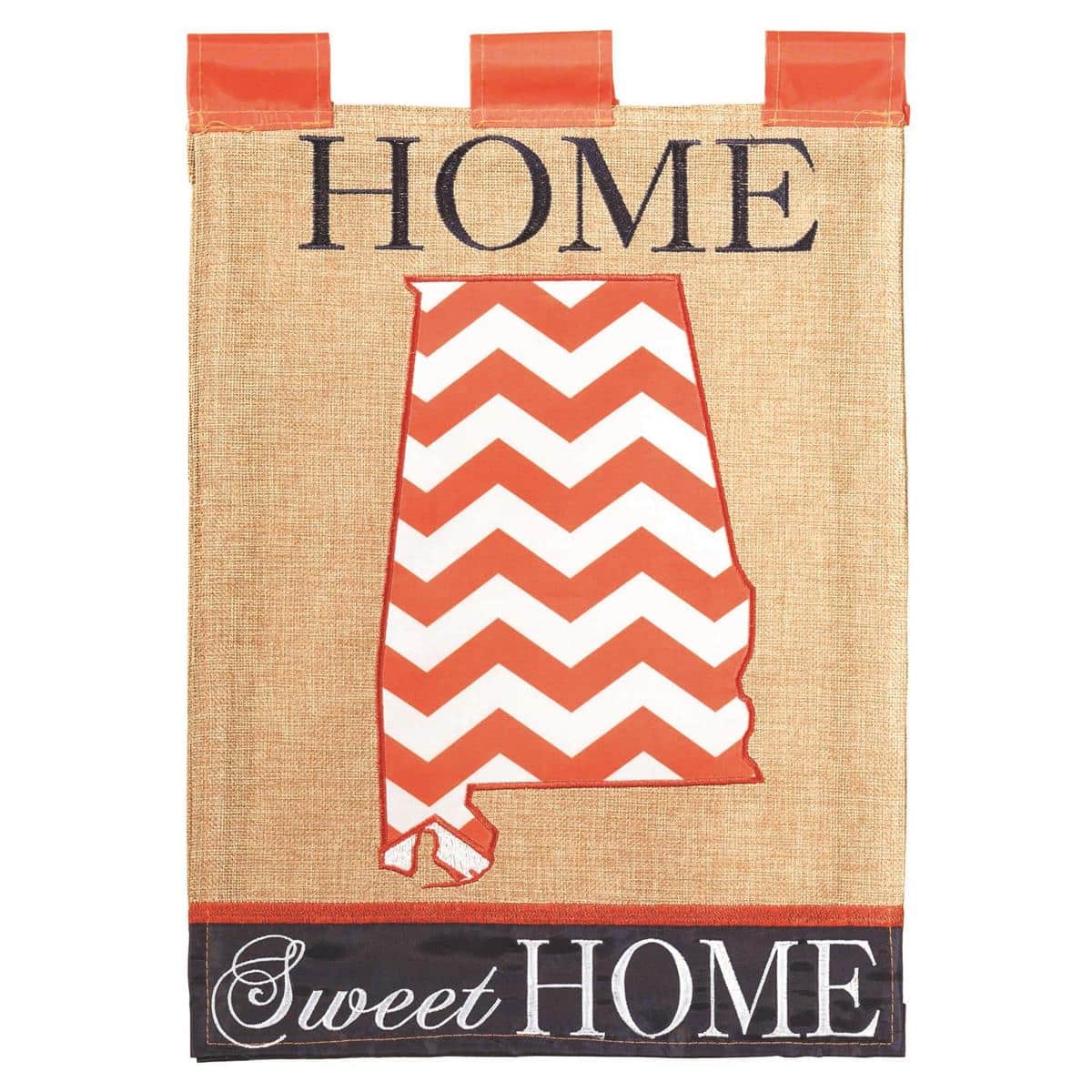 13x18 orange and blue 'Home Sweet' garden flag with double applique Game Day design displayed on a small lawn flag pole in front of a porch.