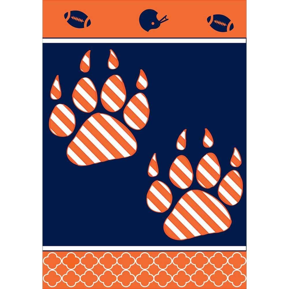 Orange and blue Pride garden flag double applique 13x18 hanging on a black metal garden flag stand in a green front yard, displayed for game day and pride events