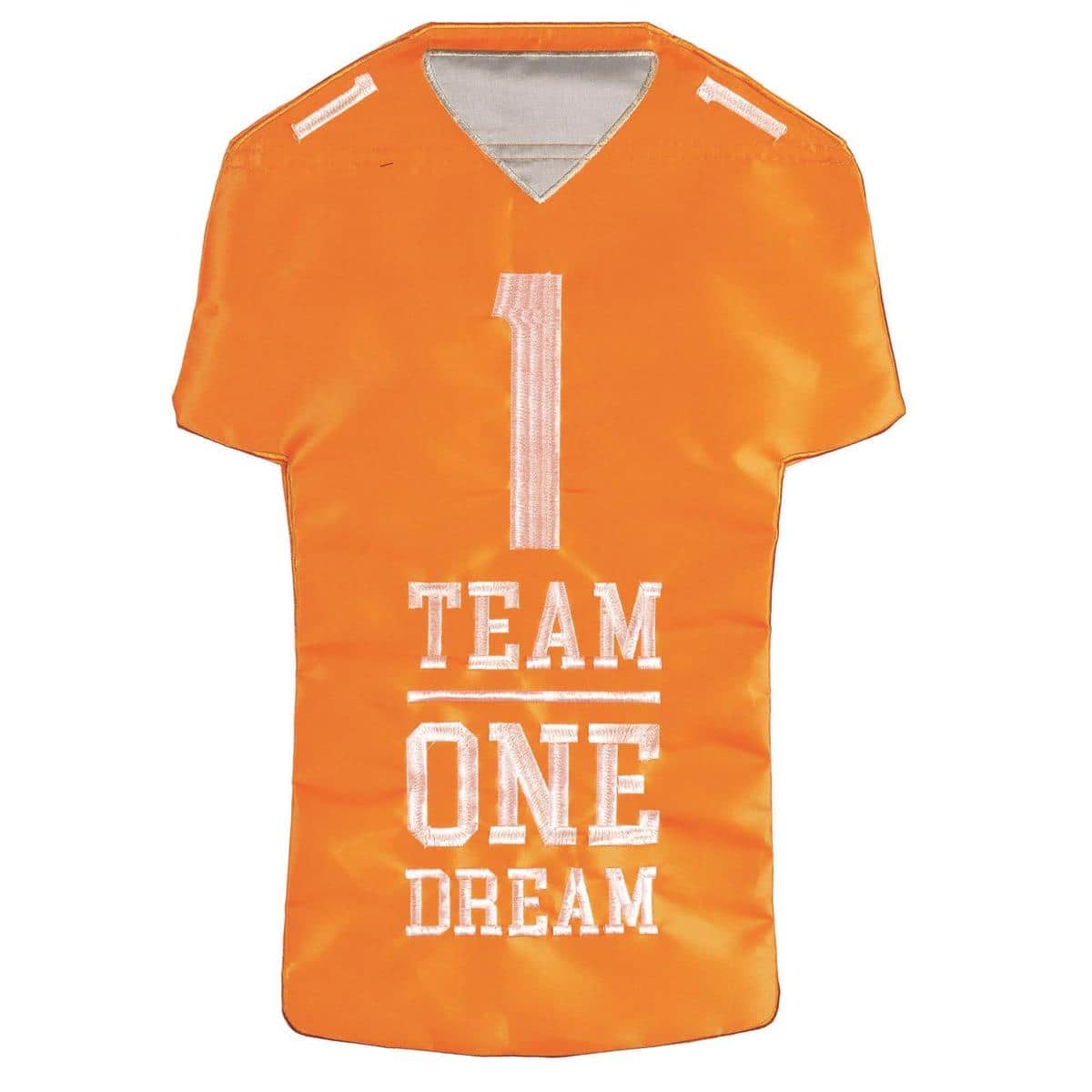 13x18 orange and white football jersey garden flag with double applique number and trim detail shown on a yard stake.