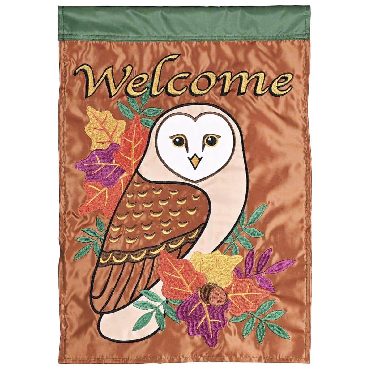 Double applique owl among colorful fall leaves outdoor flag, two-sided and weather-resistant, rich autumn hues, fits standard garden or house flag poles.