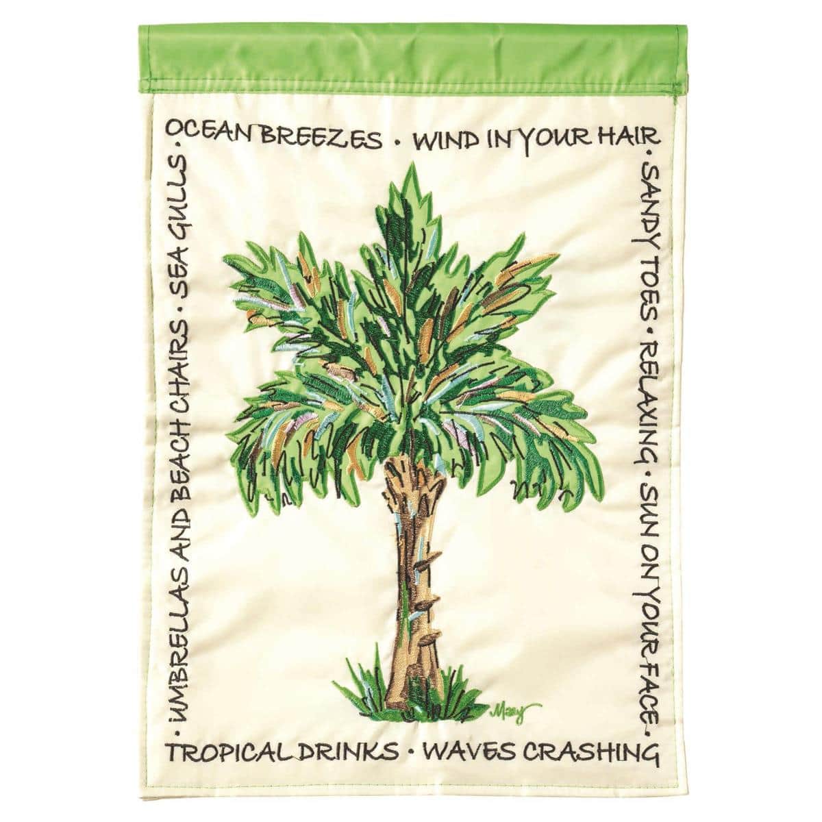 13x18 waterfront palm tree garden flag with double applique layered palm fronds, coastal blue background, and reinforced edges displayed on a yard pole for porch or patio.