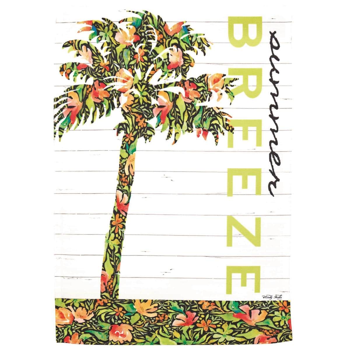 13x18 Palm Tree Summer Breeze printed garden flag featuring a tropical palm silhouette, sunset gradient background, and gentle breeze motif mounted on a small garden stake in a verdant lawn.