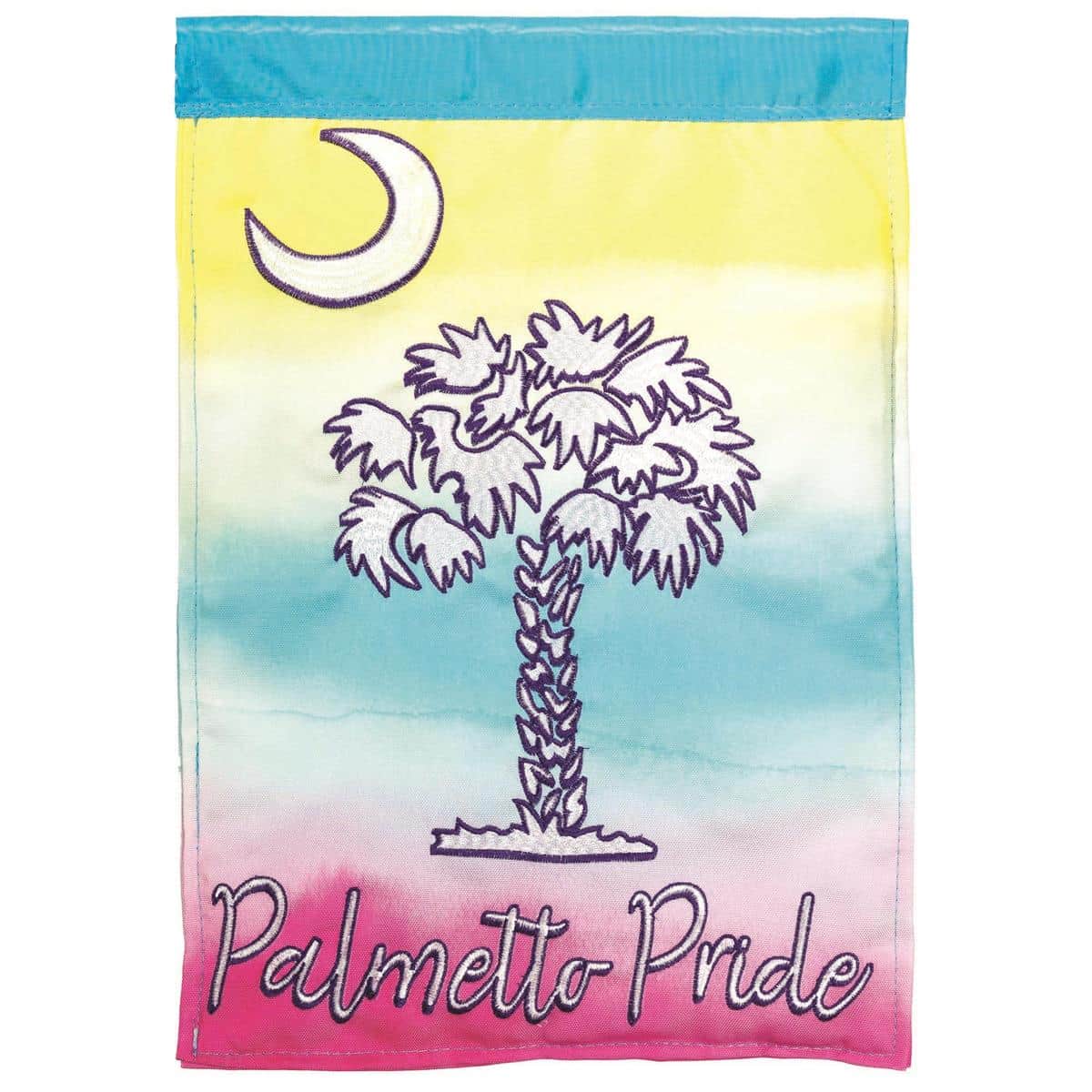 13 by 18 inch Palmetto Pride garden flag showing a layered palmetto tree and crescent design in green and indigo tones with reinforced header, Double-Applique-Plus texture, and neat stitching for outdoor display.