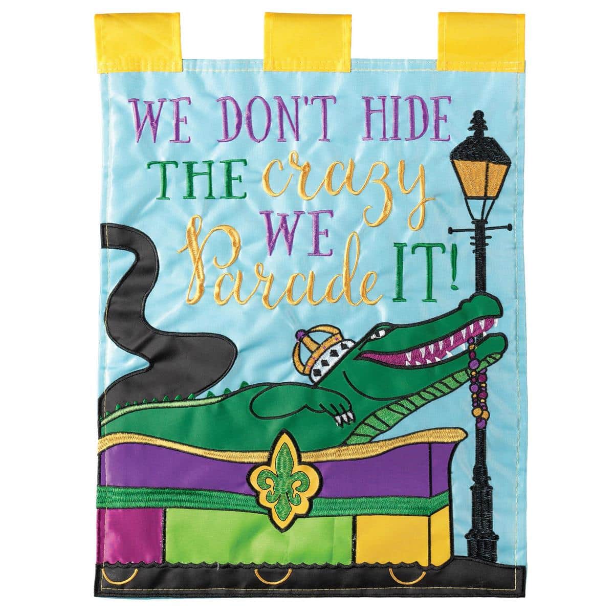 LA-MardiGras Parade Your Crazy 29x42 double applique banner flag showing purple green gold masks beads and jester motifs on durable fabric for outdoor display