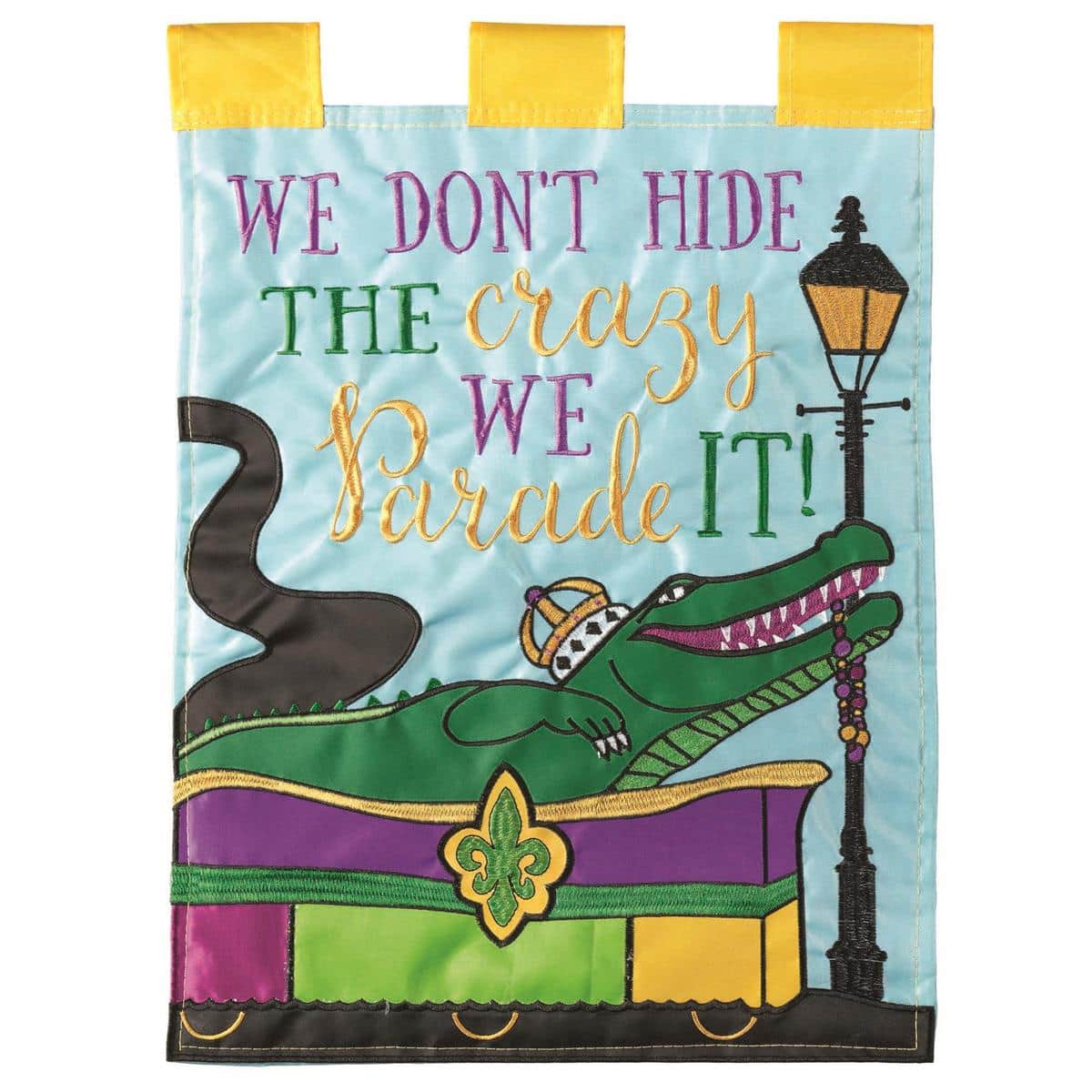 Main product image alt text: 13x18 Parade Your Crazy Garden Flag LA-MardiGras double applique with dancing figures masks and bead motifs in purple green and gold for outdoor garden display