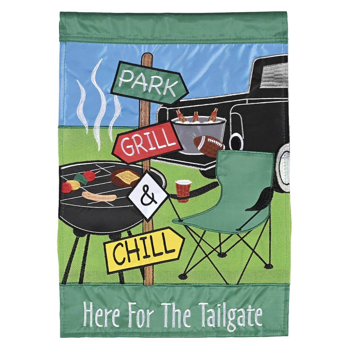 13x18 Park Grill & Chill garden flag showing football and grill artwork in double applique, readable on both sides, displayed on a standard metal garden stand