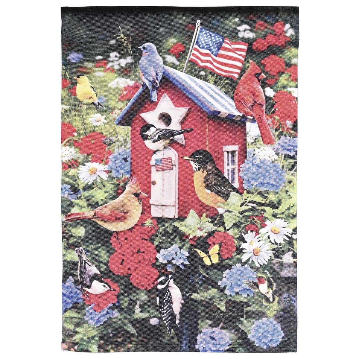 Alt text for the main product image (must be unique vs the meta description): 30x44 Patriotic Birdhouse Banner Flag featuring printed birdhouse illustration, perched songbirds and stars-and-stripes accents for porch or garden display.