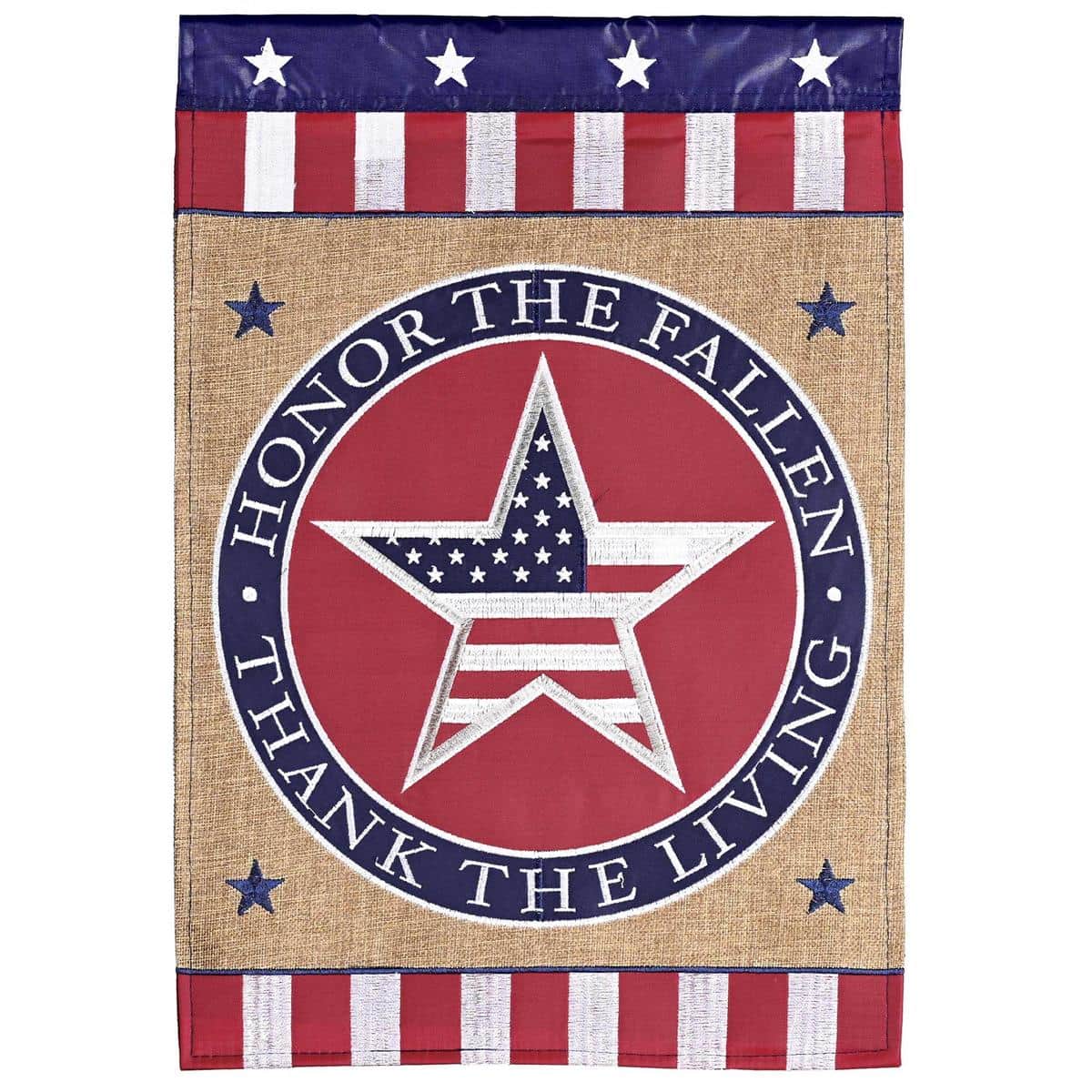 Double applique Patriotic Honor The Fallen flag with stars, stripes, and embroidered emblem, presented for veterans, memorials, and respectful outdoor display.