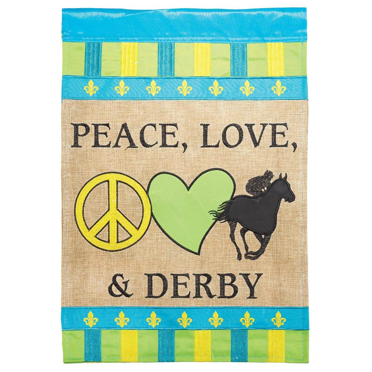 13x18 Peace Love Derby garden flag showing layered double applique peace sign, heart, and Derby accent motifs in vibrant colors hanging on a standard garden flag stand with visible textured stitching.