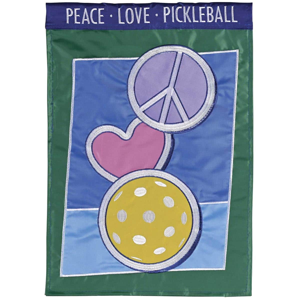 13x18 Peace Love Pickleball garden flag double applique showing peace sign, heart, pickleball paddle and ball on colorful sport-themed background, ready on garden pole sleeve.