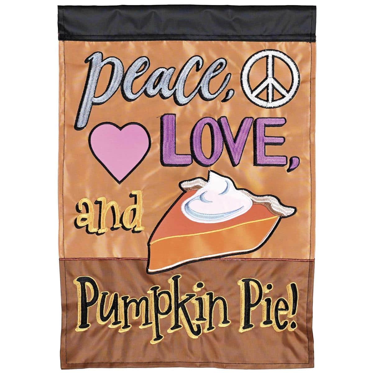 Double applique Peace Love Pumpkin Pie fall flag displayed on a porch pole, showing layered pumpkin and heart applique details and warm autumn colors