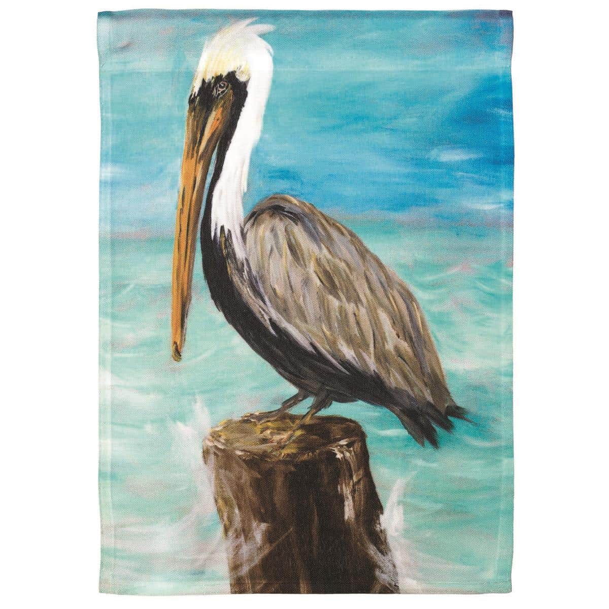 Front view of Pelican On Post 30x44 printed banner flag showing a pelican perched on a weathered wooden post against a soft beach sky, hanging from a porch pole.
