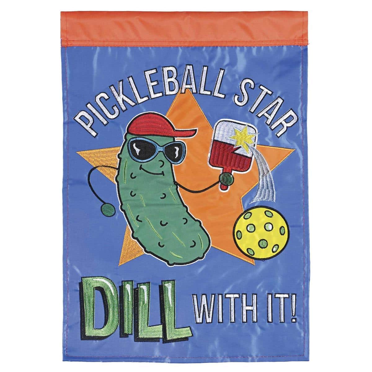 Pickleball Star 'Dill With It' 13x18 garden flag double applique with embroidered star and pickleball motif shown on a yard pole, colorful humorous outdoor decor for pickleball players.