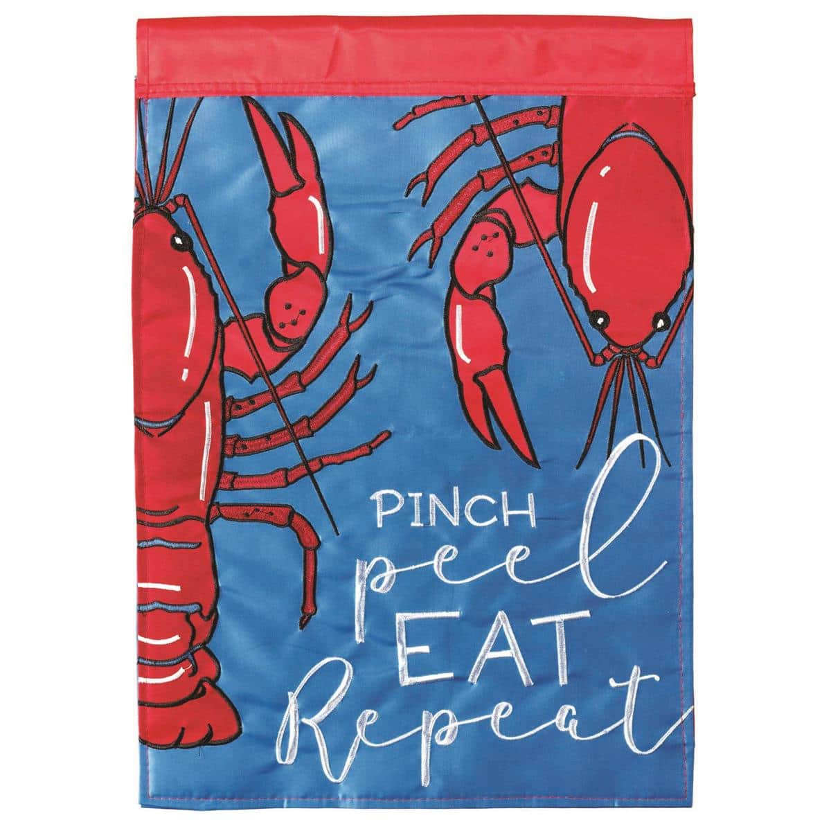13x18 Pinch Peel Eat Repeat garden flag with double applique seafood and citrus graphics and bold typography, ready for porch or patio display on a small garden pole.