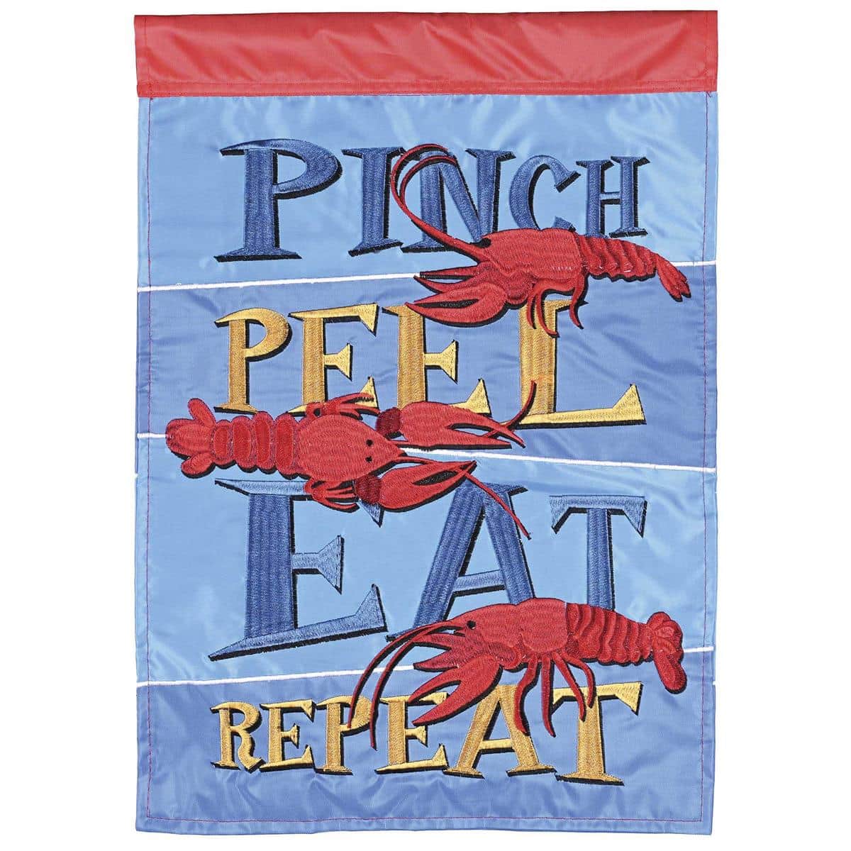 LA food themed Pinch Peel Eat Repeat double applique garden flag with crawfish and lemons, bright red and gold typography, readable both sides outdoors.
