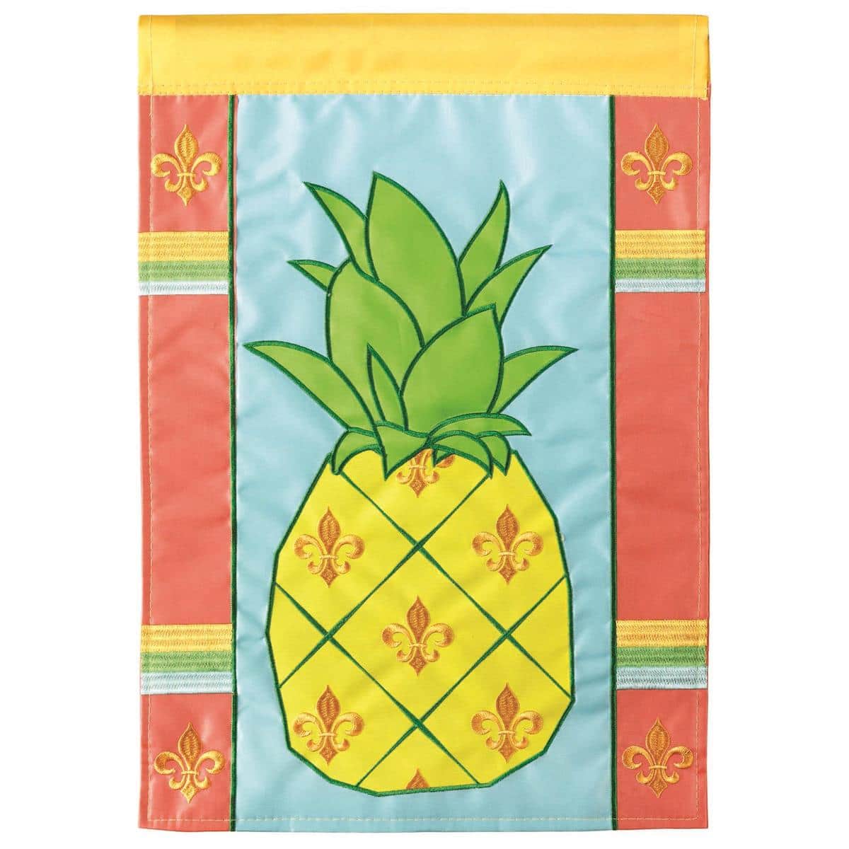 Two-sided 29x42 pineapple and fleur-de-lis double applique banner flag on house pole, rich contrast stitching, hospitality motif for front porch or entryway.
