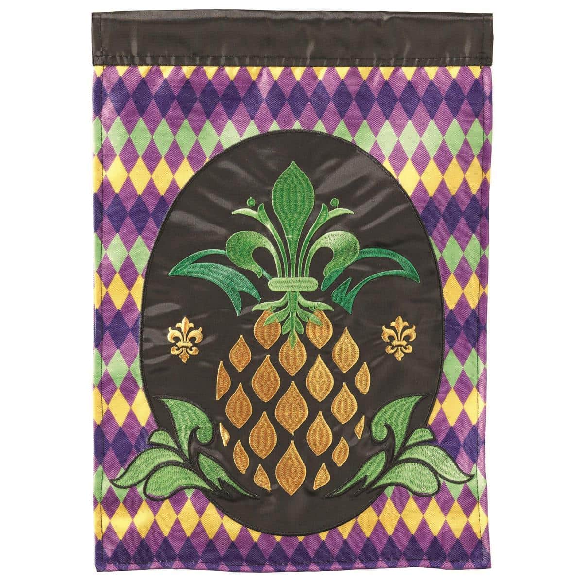 13x18 garden flag featuring a pineapple and fleur-de-lis on purple, green, and gold harlequin diamonds, double-applique construction, with a top sleeve for standard stands