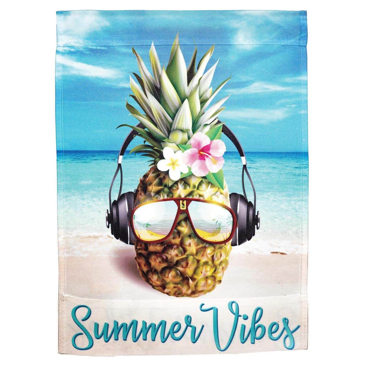 Alt text: Pineapple Summer Vibes 30x44 printed banner flag showing bright yellow pineapple and tropical leaves in vivid summer colors, displayed on a porch pole against a neutral house exterior