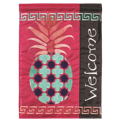 Alt text for the main product image (must be unique vs the meta description): 29x42 pineapple welcome banner flag with layered double applique pineapple motif and bold welcome text on durable polyester, styled on a front porch pole.