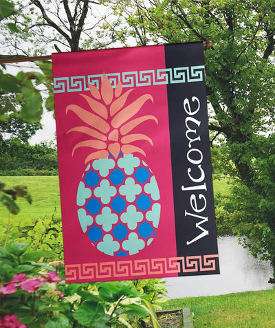 Alt text for the main product image (must be unique vs the meta description): 29x42 pineapple welcome banner flag with layered double applique pineapple motif and bold welcome text on durable polyester, styled on a front porch pole.