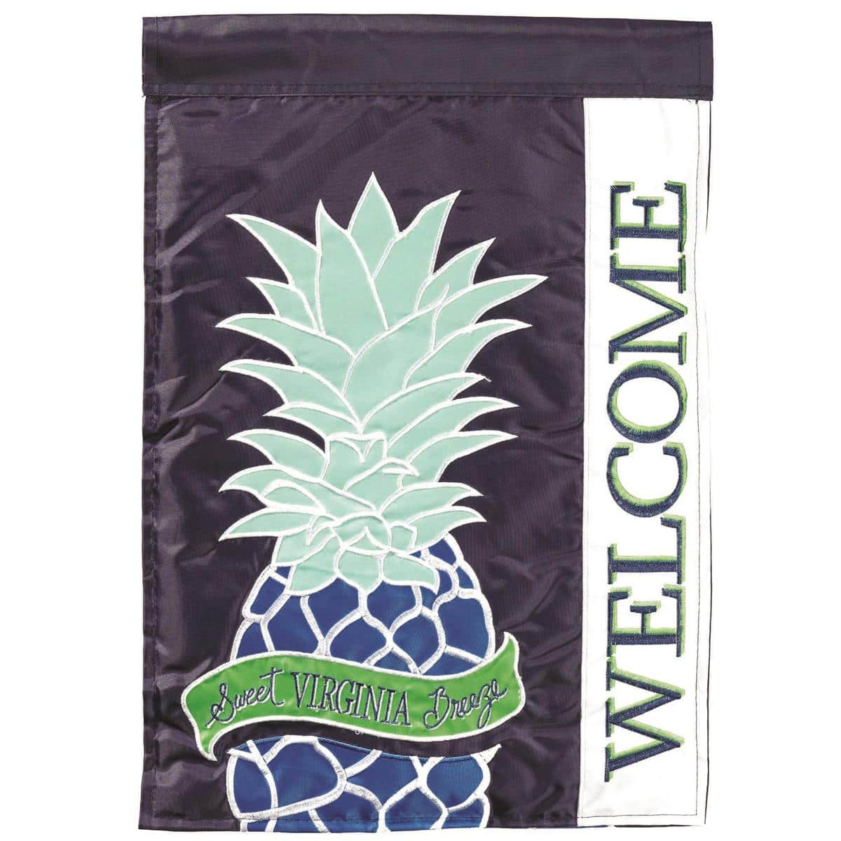 29x42 double applique house banner flag with a pineapple and Sweet VA welcome text, weather-resistant fabric, bold stitching, and a top pole sleeve for Virginia porches