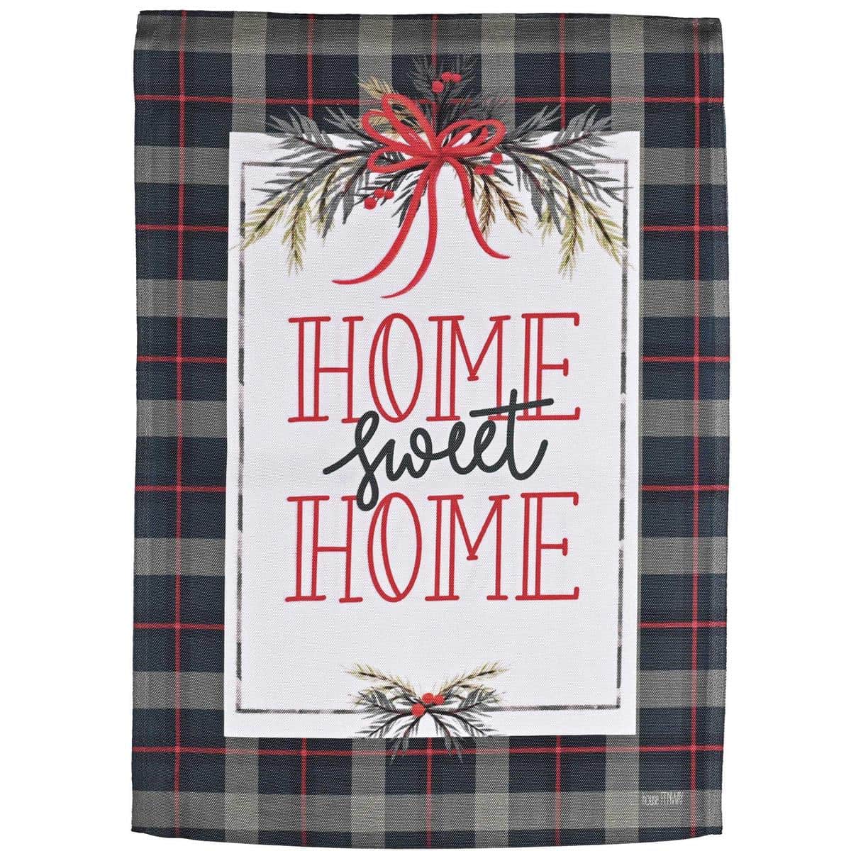 Red and black buffalo plaid garden flag with decorative bow and "Home Sweet Home" text printed for porch display and festive welcome.