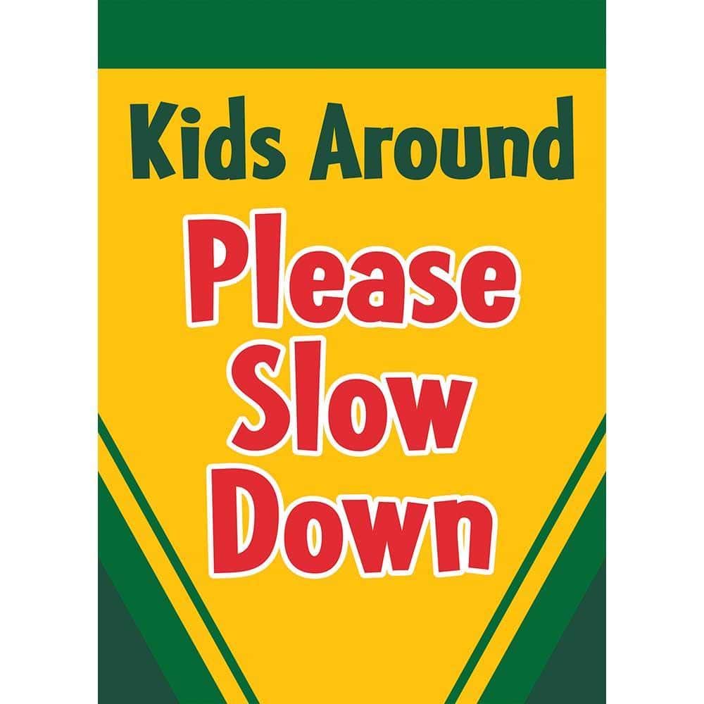 Alt text: 29x42 Please Slow Down fall banner flag double applique with autumn colors and bold safety message for yards and driveways.