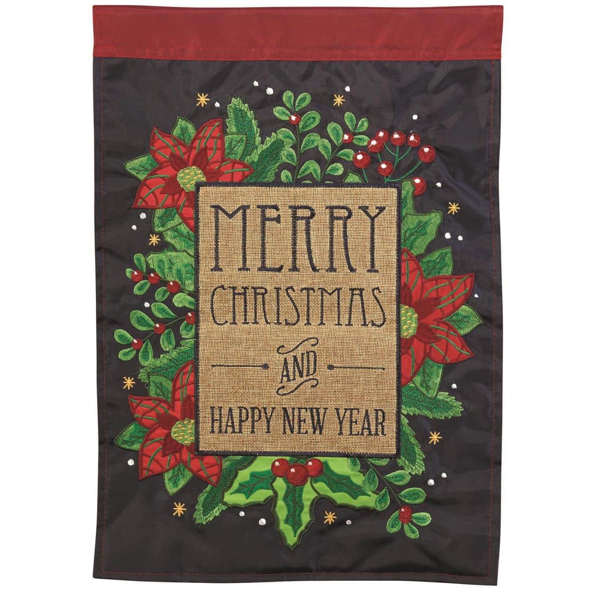 Main product image showing a Poinsettia Christmas Garden Flag 13x18 with layered double applique poinsettia petals, green foliage, reinforced sleeve, and festive holiday colors displayed on a porch flag stand.