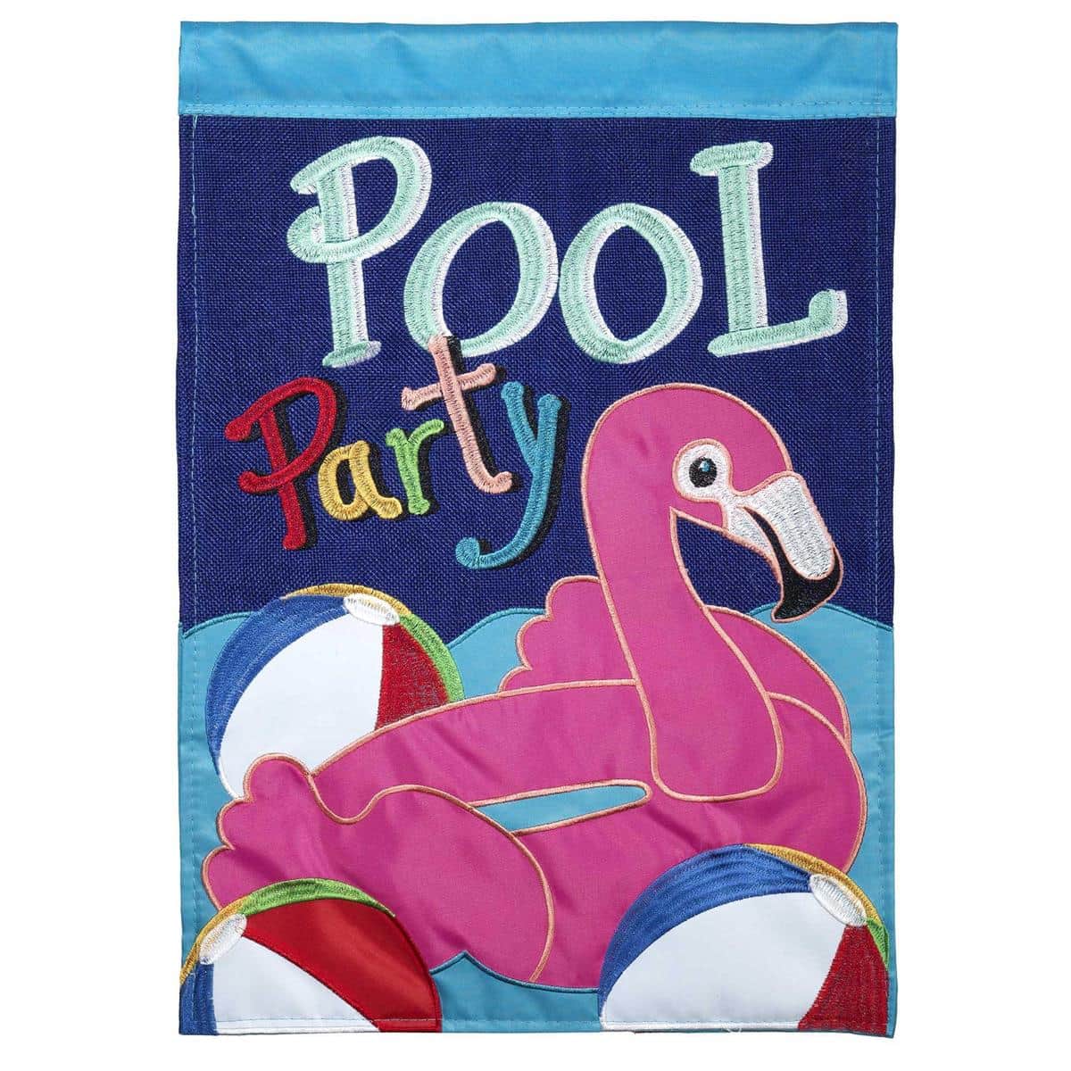 Main image of 13x18 Pool Party Burlap Garden Flag featuring layered pink flamingo double applique on textured burlap with pole sleeve visible.