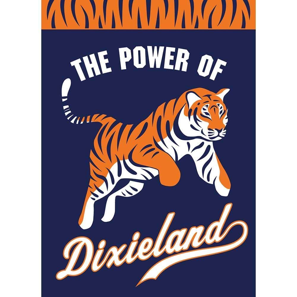 Close-up of Power Of Dixieland 29x42 double applique banner flag showing layered stitching, textured fabrics, and bold Southern-themed lettering designed for outdoor display.
