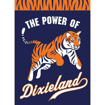 Close-up of Power Of Dixieland 29x42 double applique banner flag showing layered stitching, textured fabrics, and bold Southern-themed lettering designed for outdoor display.