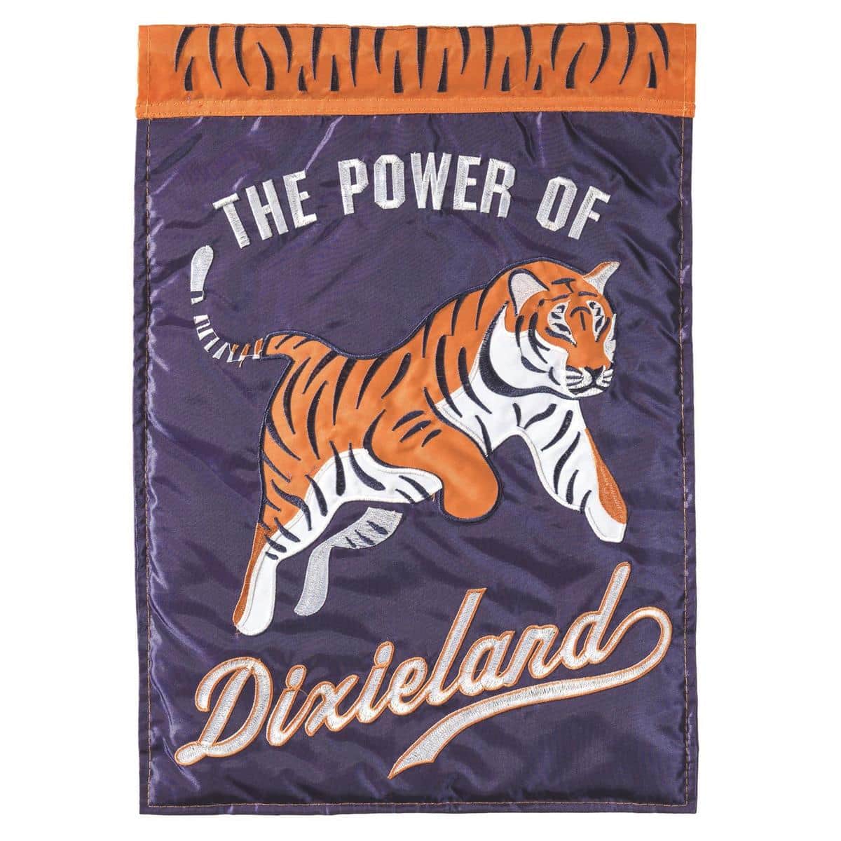 Power Of Dixieland garden flag, 13x18, Southern double applique, two-sided readable, weather-resistant polyester with stitched textures, sleeve top