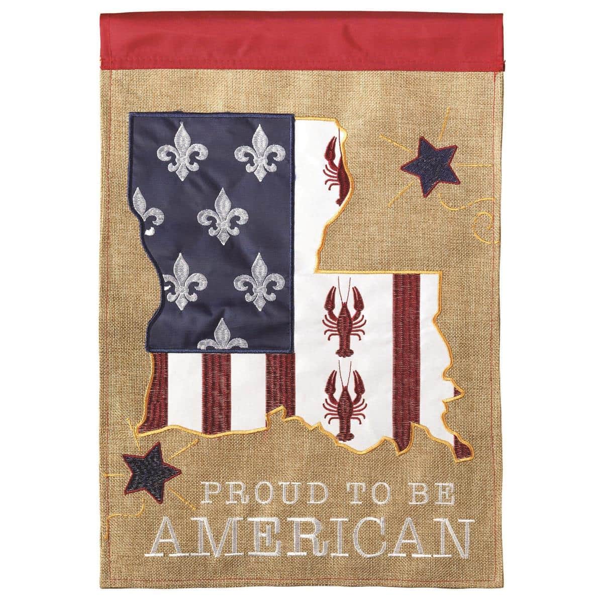Patriotic house banner flag with stars-and-stripes fleur-de-lis, 29 x 42 inches, double applique, two-sided design, top sleeve for standard 1 inch pole.
