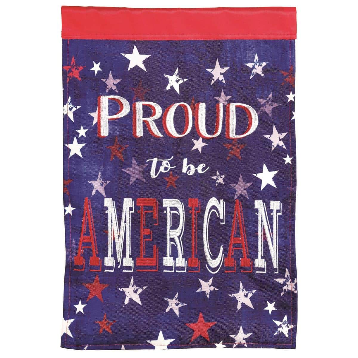 13x18 Proud American garden flag with Double-Applique-Plus stars and stripes, vibrant red white and blue fabric, reinforced header pocket, shown on a yard flag stand.