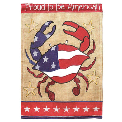 Proud To Be American Crab Garden Flag with double-thickness design, intricate applique stitching, and durable nylon construction for patriotic outdoor décor.
