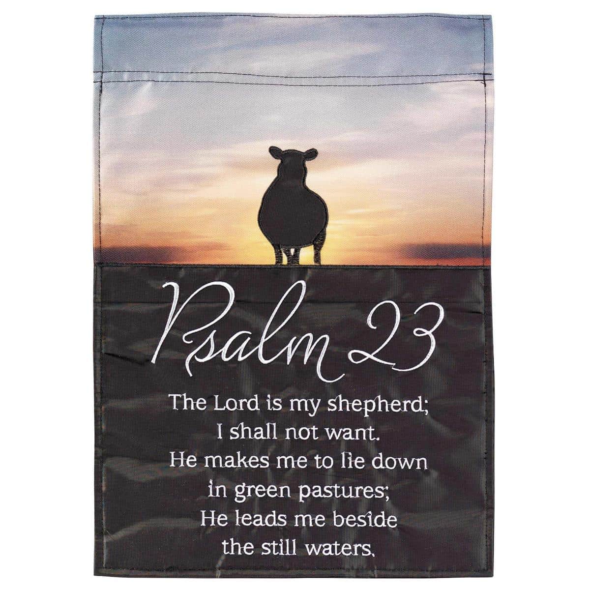 Close-up of Psalm 23 13x18 garden flag with double-applique-plus scripture lettering and decorative border shown on a garden flag stand.