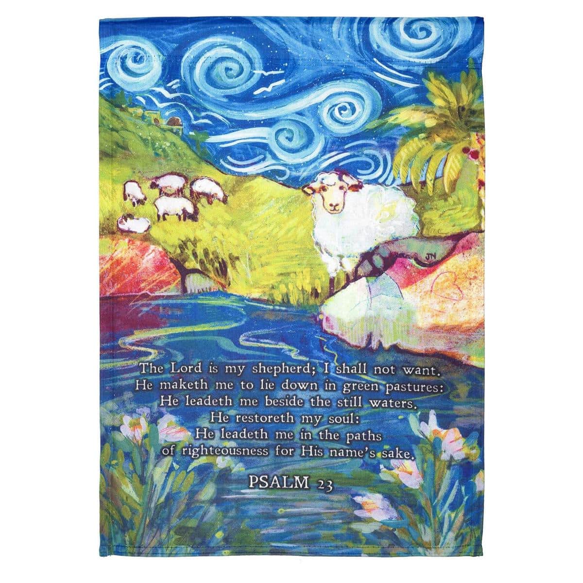 Psalm 23 with sheep printed 13x18 garden flag on stake by flowers, pastoral green hills and scripture typography, faith home outdoor decor