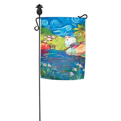 Psalm 23 with sheep printed 13x18 garden flag on stake by flowers, pastoral green hills and scripture typography, faith home outdoor decor