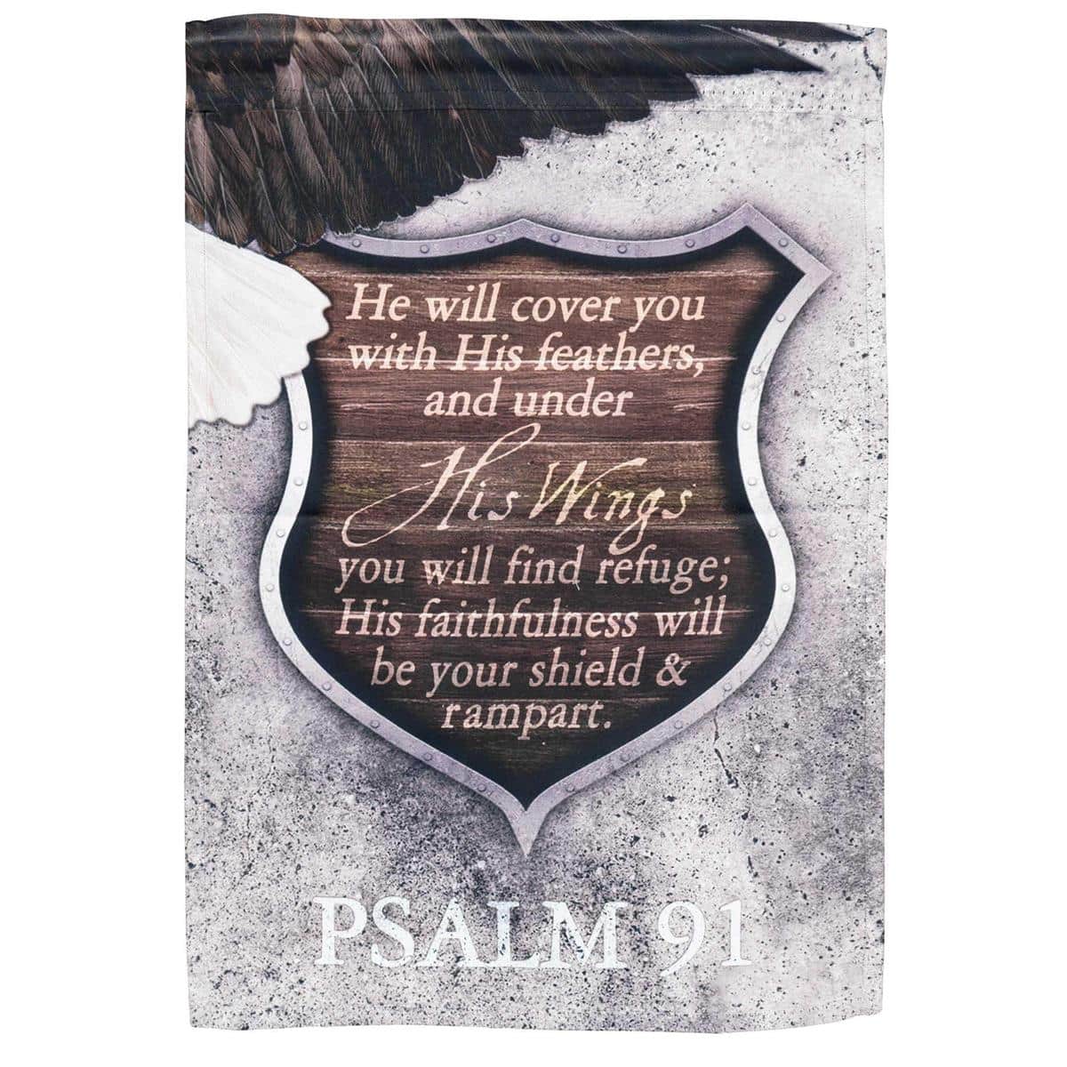 Psalm 91 Eagle 13x18 Scripture printed garden flag with soaring eagle artwork, weather ready fabric, and top sleeve displayed on a garden stand by a walkway.