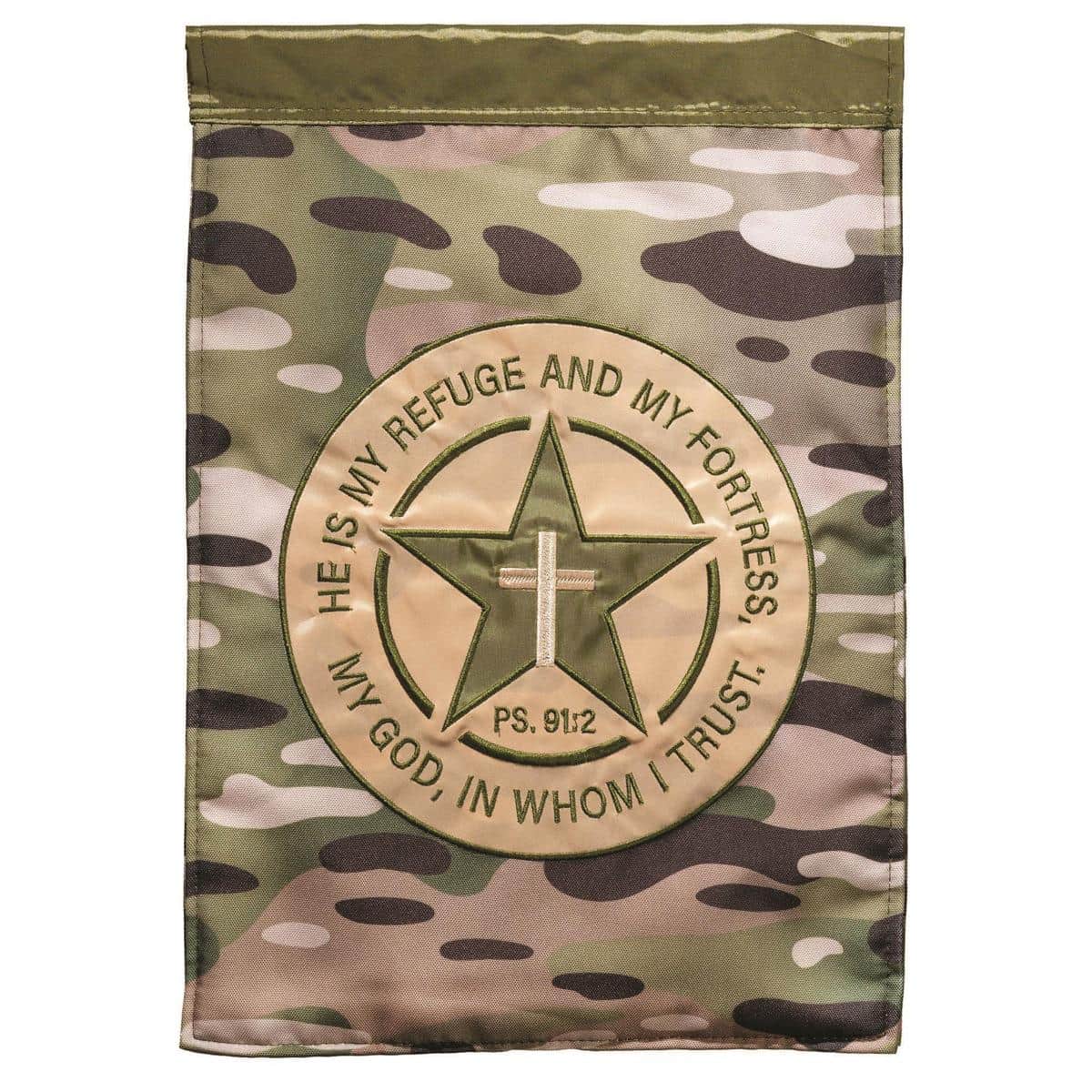 Close-up photo of a 13x18 camo Psalm 91:2 garden flag featuring layered double-applique scripture lettering and reinforced header sleeve displayed on a metal garden flag stand in a yard.