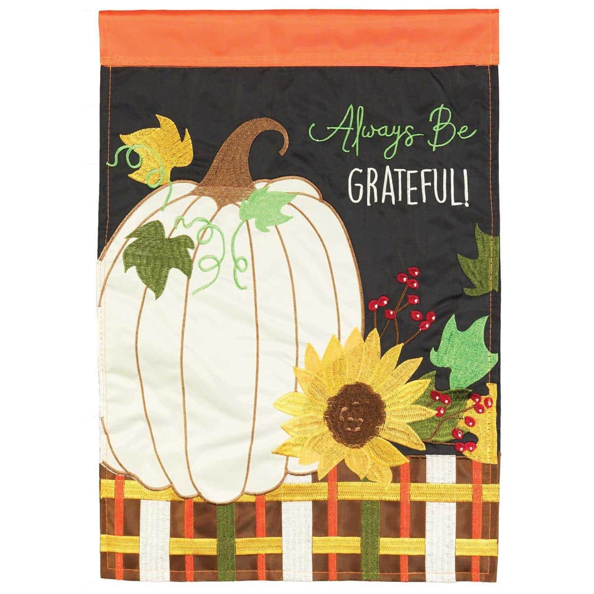 29x42 double applique pumpkin banner flag with "Always Be Grateful" lettering, warm orange pumpkins and fall leaves on a rustic neutral background, ideal for porch or garden display