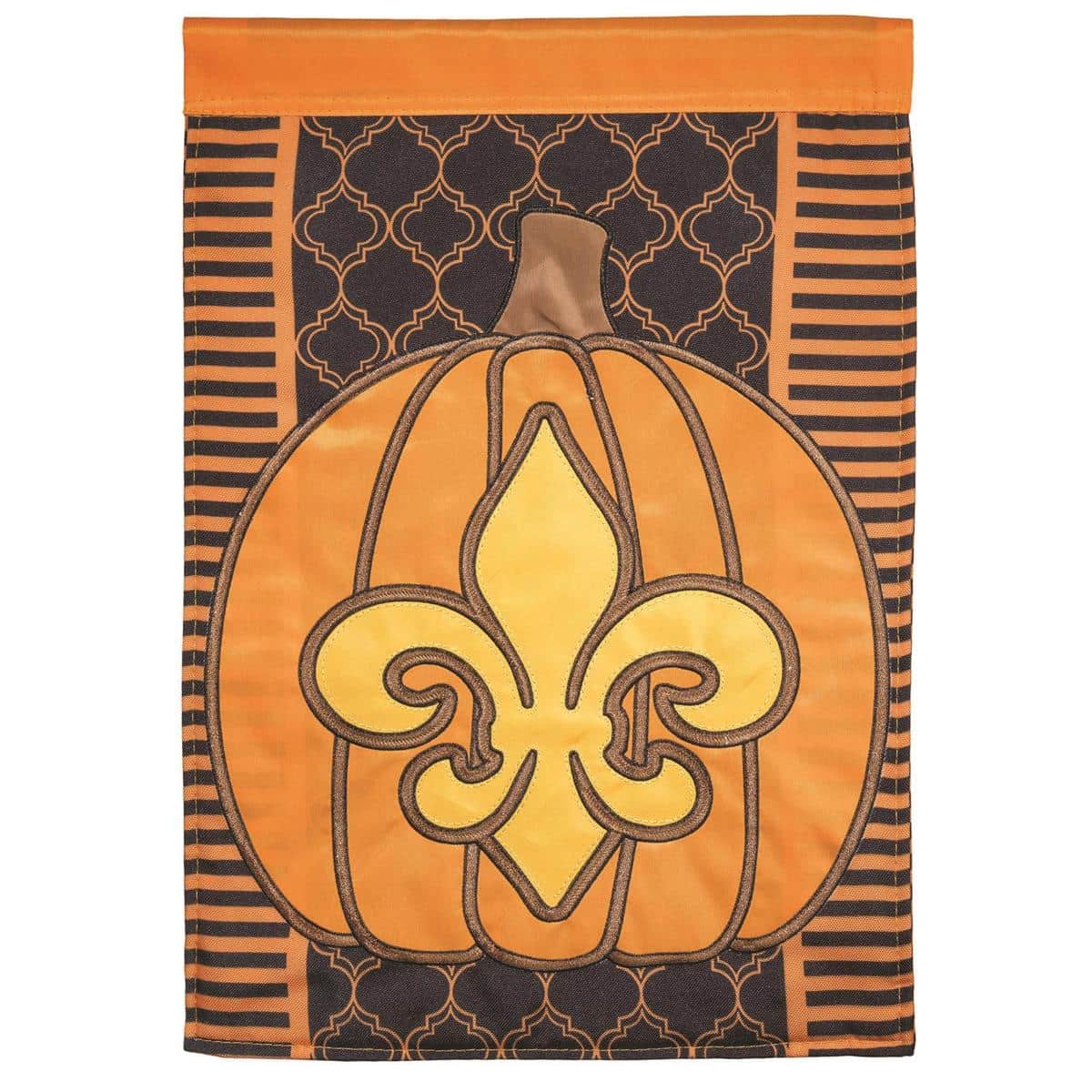 Pumpkin Fleur-De-Lis 13x18 garden flag in LA-Fall palette, layered applique pumpkin and gold fleur-de-lis, double-stitched hems and reinforced pole sleeve, two-sided.