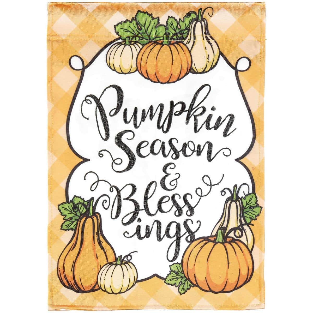 13x18 Pumpkin Season garden flag showing layered applique pumpkins, curling vines, and warm autumn colors for porch and garden decoration.